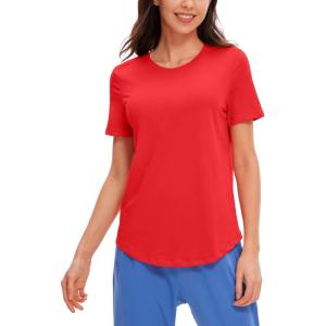 CRZ YOGA Pima Cotton Crewneck T-Shirts for Women – Workout Casual Yoga Athletic Short Sleeve Shirts Soft Crewneck Hip Tops(Deep Red)
