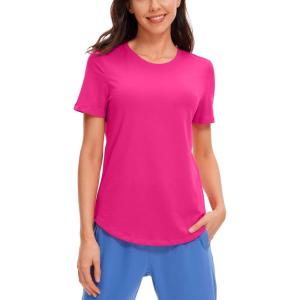 CRZ YOGA Pima Cotton Crewneck T-Shirts for Women – Workout Casual Yoga Athletic Short Sleeve Shirts Soft Crewneck Hip Tops(Granita Pink)