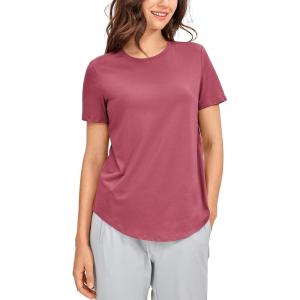 CRZ YOGA Pima Cotton Crewneck T-Shirts for Women – Workout Casual Yoga Athletic Short Sleeve Shirts Soft Crewneck Hip Tops(Misty Merlot)