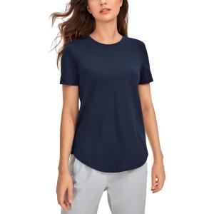 CRZ YOGA Pima Cotton Crewneck T-Shirts for Women – Workout Casual Yoga Athletic Short Sleeve Shirts Soft Crewneck Hip Tops(Navy)