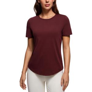 CRZ YOGA Pima Cotton Crewneck T-Shirts for Women – Workout Casual Yoga Athletic Short Sleeve Shirts Soft Crewneck Hip Tops(Red Merlot)