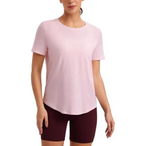 CRZ YOGA Pima Cotton Crewneck T-Shirts for Women – Workout Casual Yoga Athletic Short Sleeve Shirts Soft Crewneck Hip Tops(Strawberry Pink)