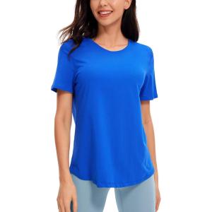 CRZ YOGA Pima Cotton Crewneck T-Shirts for Women – Workout Casual Yoga Athletic Short Sleeve Shirts Soft Crewneck Hip Tops(Strong Blue)