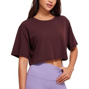 CRZ YOGA Pima Cotton Loose Crop T-Shirts for Women – Workout Yoga Casual Athletic Running Short Sleeve Shirts Crewneck Tops(Dark Red)
