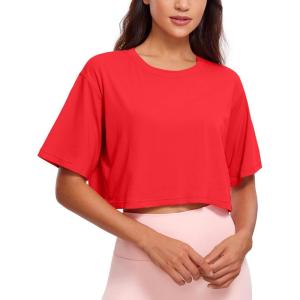 CRZ YOGA Pima Cotton Loose Crop T-Shirts for Women – Workout Yoga Casual Athletic Running Short Sleeve Shirts Crewneck Tops(Deep Red)