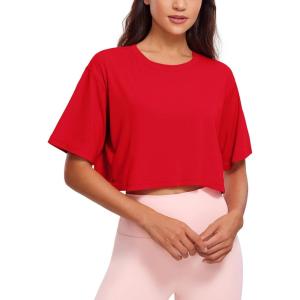 CRZ YOGA Pima Cotton Loose Crop T-Shirts for Women – Workout Yoga Casual Athletic Running Short Sleeve Shirts Crewneck Tops(Festival Red)