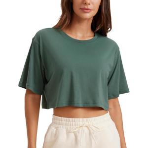 CRZ YOGA Pima Cotton Loose Crop T-Shirts for Women – Workout Yoga Casual Athletic Running Short Sleeve Shirts Crewneck Tops(Graphite Green)