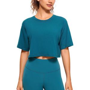 CRZ YOGA Pima Cotton Loose Crop T-Shirts for Women – Workout Yoga Casual Athletic Running Short Sleeve Shirts Crewneck Tops(Green Jade)