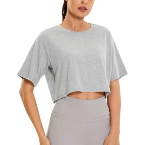 CRZ YOGA Pima Cotton Loose Crop T-Shirts for Women – Workout Yoga Casual Athletic Running Short Sleeve Shirts Crewneck Tops(Heathered Medium Grey)