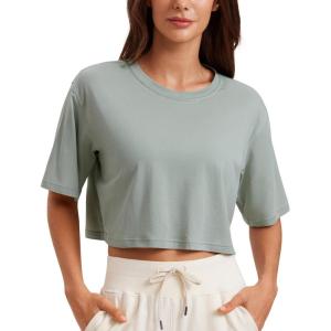 CRZ YOGA Pima Cotton Loose Crop T-Shirts for Women – Workout Yoga Casual Athletic Running Short Sleeve Shirts Crewneck Tops(Jade Grey)