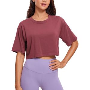 CRZ YOGA Pima Cotton Loose Crop T-Shirts for Women – Workout Yoga Casual Athletic Running Short Sleeve Shirts Crewneck Tops(Misty Merlot)