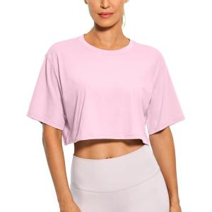 CRZ YOGA Pima Cotton Loose Crop T-Shirts for Women – Workout Yoga Casual Athletic Running Short Sleeve Shirts Crewneck Tops(Pink Peony)