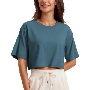 CRZ YOGA Pima Cotton Loose Crop T-Shirts for Women – Workout Yoga Casual Athletic Running Short Sleeve Shirts Crewneck Tops(Slate Blue)