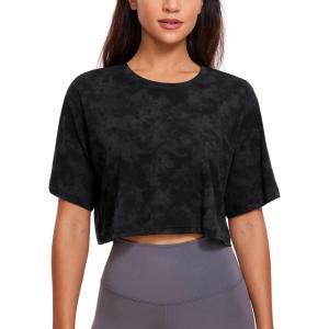 CRZ YOGA Pima Cotton Loose Crop T-Shirts for Women – Workout Yoga Casual Athletic Running Short Sleeve Shirts Crewneck Tops(Tie Dye Smoke Ink)