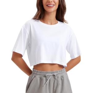 CRZ YOGA Pima Cotton Loose Crop T-Shirts for Women – Workout Yoga Casual Athletic Running Short Sleeve Shirts Crewneck Tops(White)