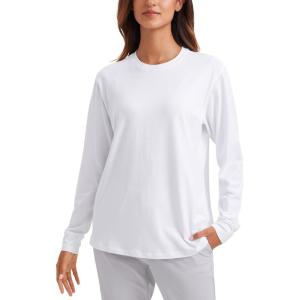 CRZ YOGA Pima Cotton Loose Long Sleeve Shirts for Women – Workout Yoga Casual Tops Crew Neck Loose Basic Soft Fall T-Shirt(White)