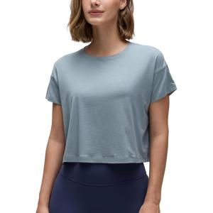 CRZ YOGA Pima Cotton Relaxed Crop T-Shirts for Women – Workout Athletic Gym Casual Short Sleeve Shirts Loose Crewneck Tops(Belgian Blue)
