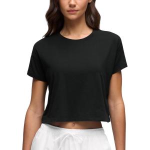 CRZ YOGA Pima Cotton Relaxed Crop T-Shirts for Women – Workout Athletic Gym Casual Short Sleeve Shirts Loose Crewneck Tops(Black)