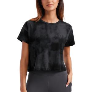 CRZ YOGA Pima Cotton Relaxed Crop T-Shirts for Women – Workout Athletic Gym Casual Short Sleeve Shirts Loose Crewneck Tops(Black Tie Dye Flowers)