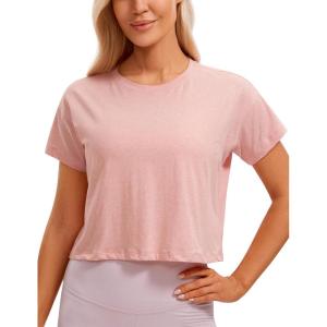 CRZ YOGA Pima Cotton Relaxed Crop T-Shirts for Women – Workout Athletic Gym Casual Short Sleeve Shirts Loose Crewneck Tops(Cinnamon Ash)