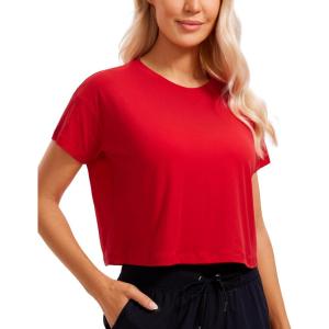 CRZ YOGA Pima Cotton Relaxed Crop T-Shirts for Women – Workout Athletic Gym Casual Short Sleeve Shirts Loose Crewneck Tops(Festival Red)