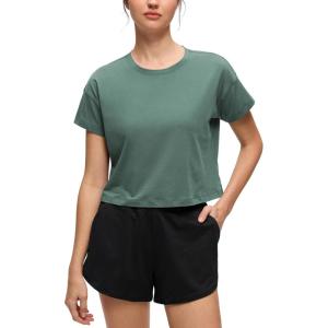 CRZ YOGA Pima Cotton Relaxed Crop T-Shirts for Women – Workout Athletic Gym Casual Short Sleeve Shirts Loose Crewneck Tops(Graphite Green)