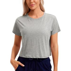 CRZ YOGA Pima Cotton Relaxed Crop T-Shirts for Women – Workout Athletic Gym Casual Short Sleeve Shirts Loose Crewneck Tops(Heathered Medium Grey)