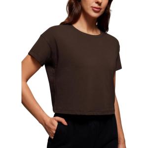 CRZ YOGA Pima Cotton Relaxed Crop T-Shirts for Women – Workout Athletic Gym Casual Short Sleeve Shirts Loose Crewneck Tops(Hot Fudge Brown)