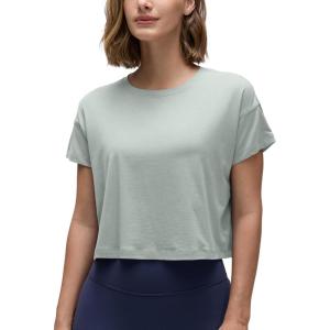 CRZ YOGA Pima Cotton Relaxed Crop T-Shirts for Women – Workout Athletic Gym Casual Short Sleeve Shirts Loose Crewneck Tops(Jade Grey)