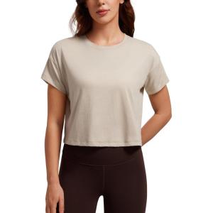 CRZ YOGA Pima Cotton Relaxed Crop T-Shirts for Women – Workout Athletic Gym Casual Short Sleeve Shirts Loose Crewneck Tops(Mojave Tan)