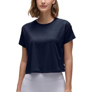 CRZ YOGA Pima Cotton Relaxed Crop T-Shirts for Women – Workout Athletic Gym Casual Short Sleeve Shirts Loose Crewneck Tops(Navy)