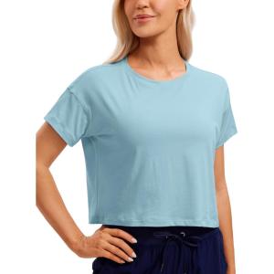 CRZ YOGA Pima Cotton Relaxed Crop T-Shirts for Women – Workout Athletic Gym Casual Short Sleeve Shirts Loose Crewneck Tops(Pure Blue)