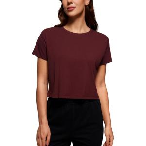 CRZ YOGA Pima Cotton Relaxed Crop T-Shirts for Women – Workout Athletic Gym Casual Short Sleeve Shirts Loose Crewneck Tops(Red Merlot)