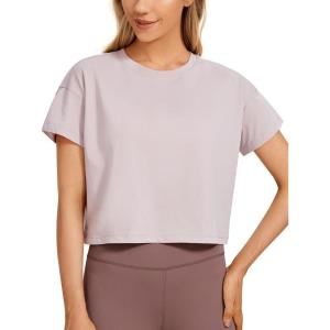 CRZ YOGA Pima Cotton Relaxed Crop T-Shirts for Women – Workout Athletic Gym Casual Short Sleeve Shirts Loose Crewneck Tops(Smoky Blush)