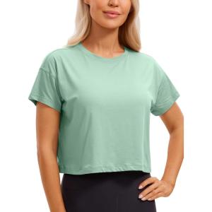 CRZ YOGA Pima Cotton Relaxed Crop T-Shirts for Women – Workout Athletic Gym Casual Short Sleeve Shirts Loose Crewneck Tops(Soft Seagrass)
