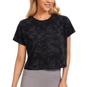 CRZ YOGA Pima Cotton Relaxed Crop T-Shirts for Women – Workout Athletic Gym Casual Short Sleeve Shirts Loose Crewneck Tops(Tie Dye Smoke Ink)