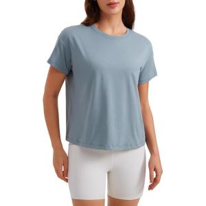CRZ YOGA Pima Cotton Relaxed T-Shirts for Women – Workout Athletic Gym Casual Short Sleeve Shirts Basic Crewneck Hip Tops(Belgian Blue)