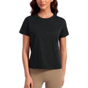 CRZ YOGA Pima Cotton Relaxed T-Shirts for Women – Workout Athletic Gym Casual Short Sleeve Shirts Basic Crewneck Hip Tops(Black)