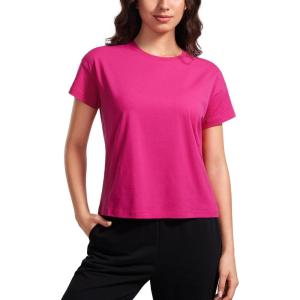 CRZ YOGA Pima Cotton Relaxed T-Shirts for Women – Workout Athletic Gym Casual Short Sleeve Shirts Basic Crewneck Hip Tops(Granita Pink)