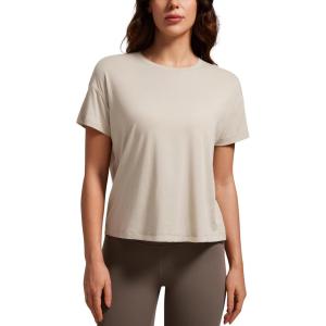 CRZ YOGA Pima Cotton Relaxed T-Shirts for Women – Workout Athletic Gym Casual Short Sleeve Shirts Basic Crewneck Hip Tops(Mojave Tan)