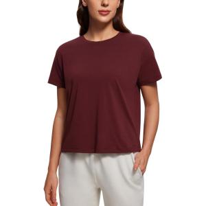 CRZ YOGA Pima Cotton Relaxed T-Shirts for Women – Workout Athletic Gym Casual Short Sleeve Shirts Basic Crewneck Hip Tops(Red Merlot)