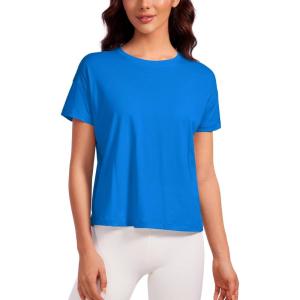 CRZ YOGA Pima Cotton Relaxed T-Shirts for Women – Workout Athletic Gym Casual Short Sleeve Shirts Basic Crewneck Hip Tops(Sparkle Blue)