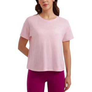CRZ YOGA Pima Cotton Relaxed T-Shirts for Women – Workout Athletic Gym Casual Short Sleeve Shirts Basic Crewneck Hip Tops(Strawberry Pink)