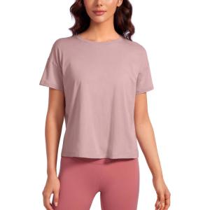 CRZ YOGA Pima Cotton Relaxed T-Shirts for Women – Workout Athletic Gym Casual Short Sleeve Shirts Basic Crewneck Hip Tops(Twilight Rose Pink)