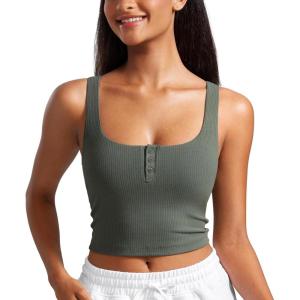 CRZ YOGA Ribbed Henley Crop Tank Tops for Women – Square Back Padded Yoga Workout Longline Sports Bras(Grey Sage)