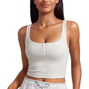 CRZ YOGA Ribbed Henley Crop Tank Tops for Women – Square Back Padded Yoga Workout Longline Sports Bras(Milky White (Bone))