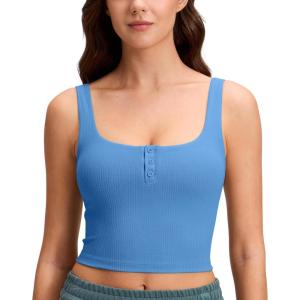CRZ YOGA Ribbed Henley Crop Tank Tops for Women – Square Back Padded Yoga Workout Longline Sports Bras(Party Blue)