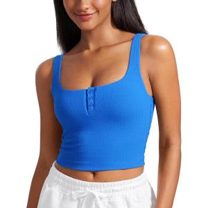 CRZ YOGA Ribbed Henley Crop Tank Tops for Women – Square Back Padded Yoga Workout Longline Sports Bras(Sparkle Blue)