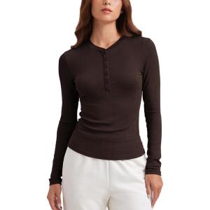 CRZ YOGA Ribbed Modal Henley Shirts for Women – Comfort Casual Knit Long Sleeve Tops Soft Stretchy Basic Fitted Layering(Hot Fudge Brown)