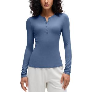 CRZ YOGA Ribbed Modal Henley Shirts for Women – Comfort Casual Knit Long Sleeve Tops Soft Stretchy Basic Fitted Layering(Oasis Blue)